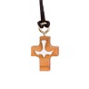 Croix de cou en bois d' olivier avec colombe en relief peinte en blanc H. 1,5 cm avec cordon cuir 70 cm.