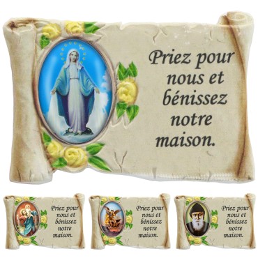 Magnet en résine ton pierre H. 5 x 7 cm, avec prière pour la maison et résine, plusieurs saints.