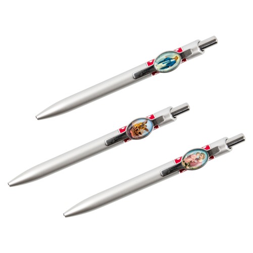 Stylo argenté couleurs assorties avec résine, plusieurs saints.