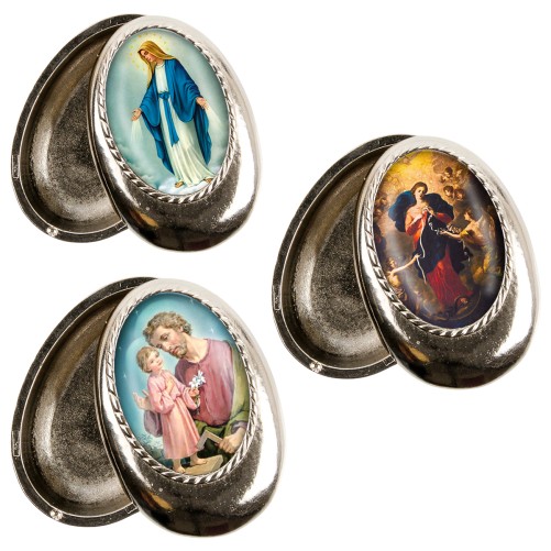 Boite à pilules de forme ovale 4,5 x 3,2 cm avec résine, plusieurs saints.