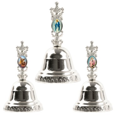 Clochette en métal couleur argentée H. 11 cm Ø 6,5 cm avec résine, plusieurs saints.
