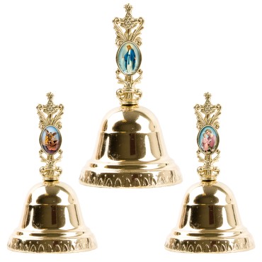 Clochette en métal couleur dorée H. 11 cm Ø 6,5 cm avec résine, plusieurs saints.