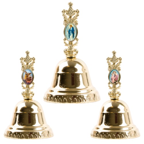 Clochette en métal couleur dorée H. 11 cm Ø 6,5 cm avec résine, plusieurs saints.