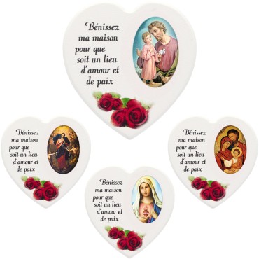 Magnet en bois avec prière forme coeur H 5 cm. Disponible avec différents Saints.