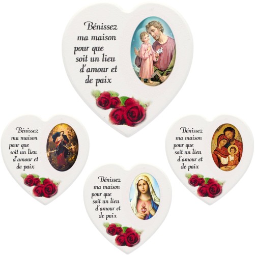 Magnet en bois avec prière forme coeur H 5 cm. Disponible avec différents Saints.