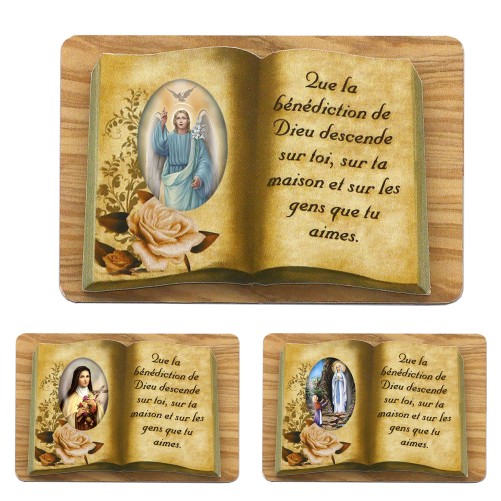 Chevalet en bois forme livre avec bénédiction à poser H. 4 x 6 cm et résine, plusieurs saints.