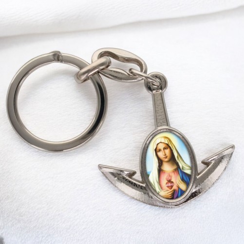 Porte-cles en metal en forme d ancre H. 4 cm avec une resine. Differents Saints