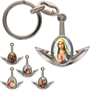 Porte-cles en metal en forme d ancre H. 4 cm avec une resine. Differents Saints