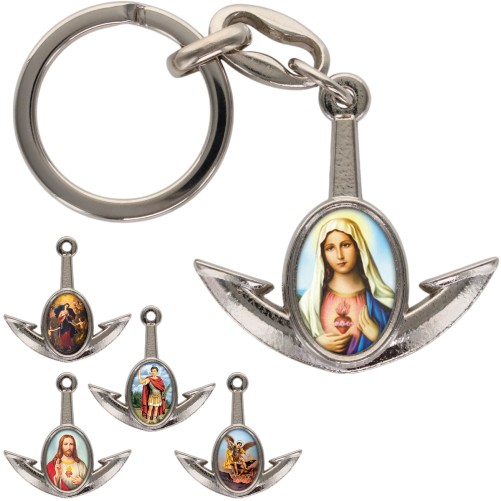 Porte-cles en metal en forme d ancre H. 4 cm avec une resine. Differents Saints