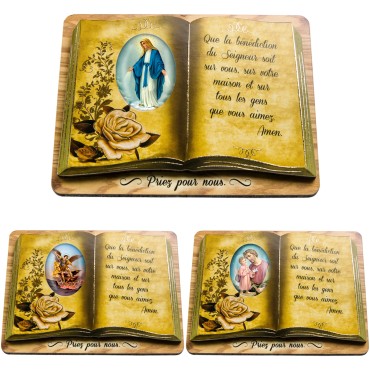 Chevalet en bois forme livre avec bénédiction à poser H. 7,5 x 9,5 cm et résine, plusieurs saints.