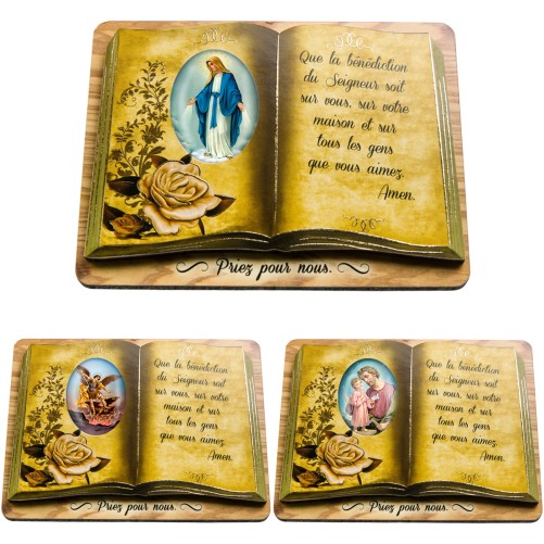 Chevalet en bois forme livre avec bénédiction à poser H. 7,5 x 9,5 cm et résine, plusieurs saints.