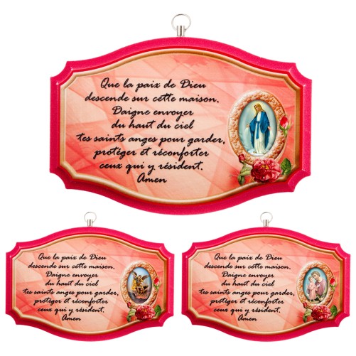 Plaque de porte en bois avec bénediction de la maison H. 10,5 x 15,5 cm avec résine, plusieurs saints.