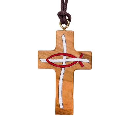 Croix de cou en bois d'olivier Ichtus imprime en rouge H. 3,5 cm avec cordon cuir 70 cm.