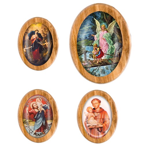 Plaque auto en bois d olivier forme ovale H. 4 x 3 cm avec resine, plusieurs saints.