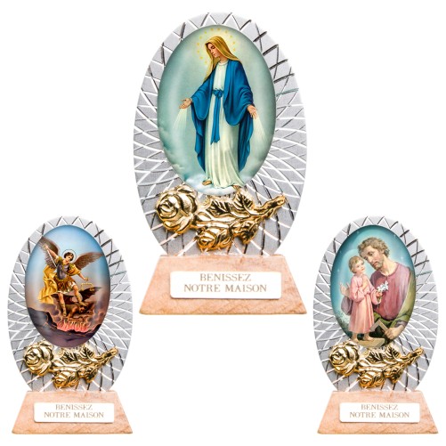 Petit chevalet alu strié sur socle bois à poser H. 5,5 cm avec résine, plusieurs saints.