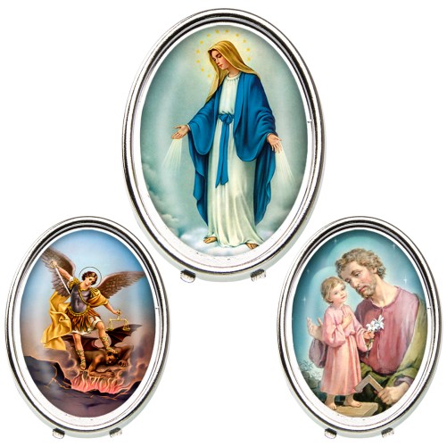 Petit chevalet en métal à poser H. 3,8 cm avec résine, plusieurs saints.