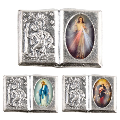 Plaque auto forme livre H. 2,5 x 3,7 cm en métal de saint Christophe avec résine des saints.