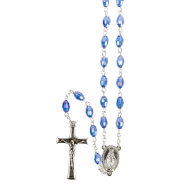Chapelet grains semi-cristal 7 mm, chaîne argentée, croix Christ, 40 cm au cœur, dispo en plusieurs couleurs.