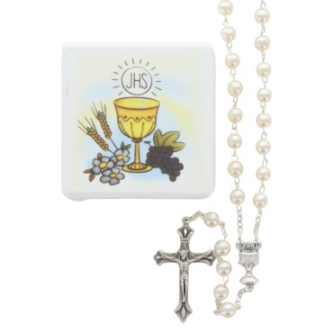 Chapelet de communion avec coeur calice grain nacre Ø 6 mm, longueur au cœur 32 cm., avec boite.