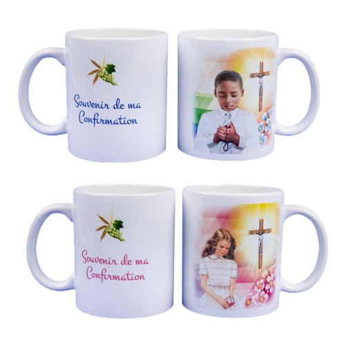 Mug blanc en ceramique texte: Souvenir de ma confirmation H.9.5 Ø 8 cm.