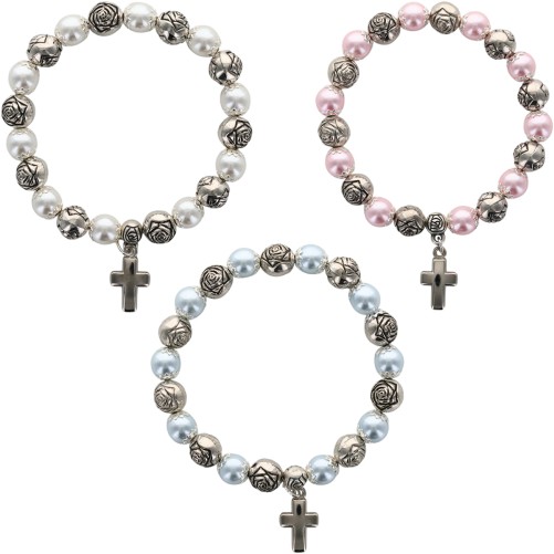 Bracelet sur elastique avec grains en metal forme rose et de grains metal Ø 8 mm avec une croix. Differentes couleurs