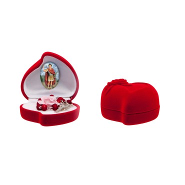 Ensemble coffret coeur en velour H.4 cm Ø 6 cm avec dizainier parfumé à la rose et résine, plusieurs saints.