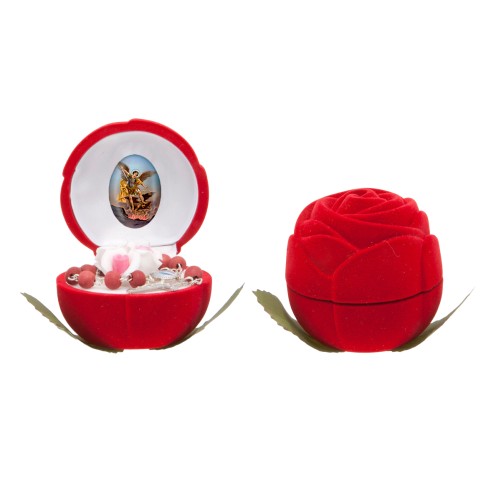 Ensemble coffret rose en velour H.4 cm Ø 6 cm avec dizainier parfumé à la rose et résine, plusieurs saints.