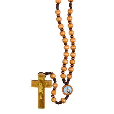 Chapelet sur corde avec fermoir grains en bois Ø 7 mm, longueur au cœur 25 cm, coeur résine, croix avec Christ imprimé.