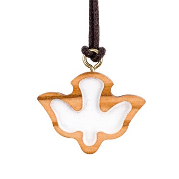 Pendentif en bois d'olivier colombe peinte en blanc H. 2 cm avec cordon 70 cm.