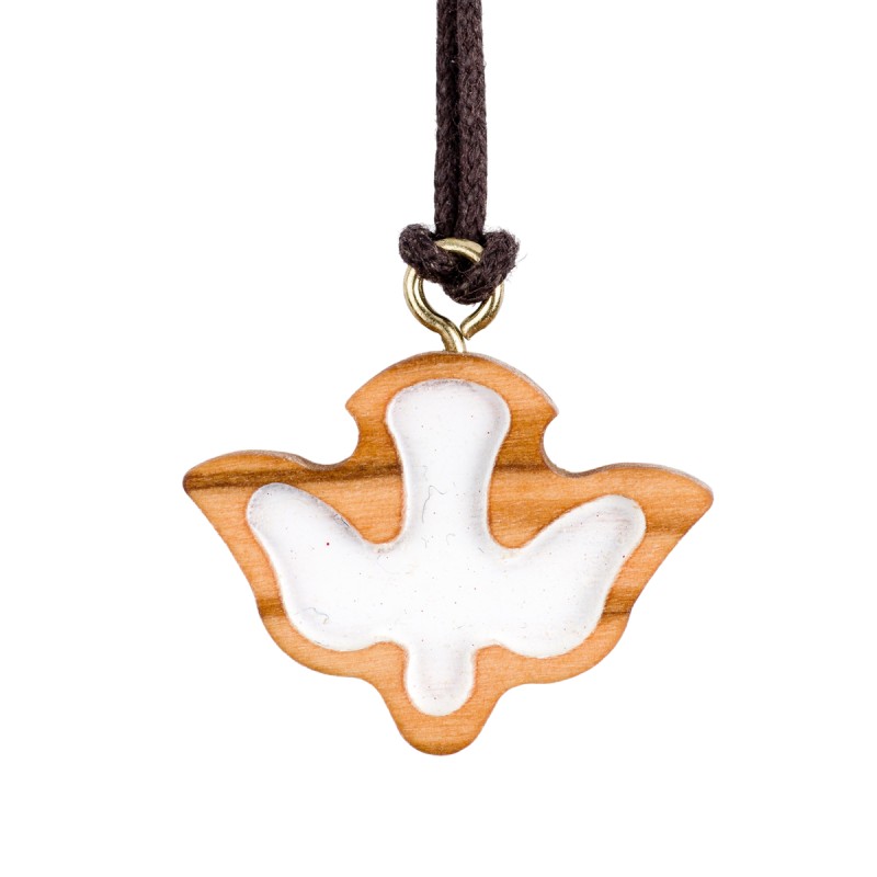 Pendentif en bois d'olivier colombe peinte en blanc H. 2 cm avec cordon 70 cm.