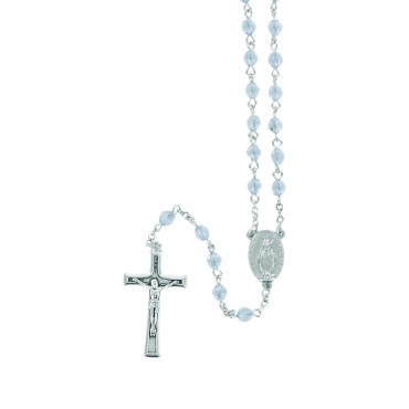 Chapelet grains œil de chat facettés 5 mm, chaîne argentée, croix avec Christ, 33 cm au cœur. Plusieurs couleurs