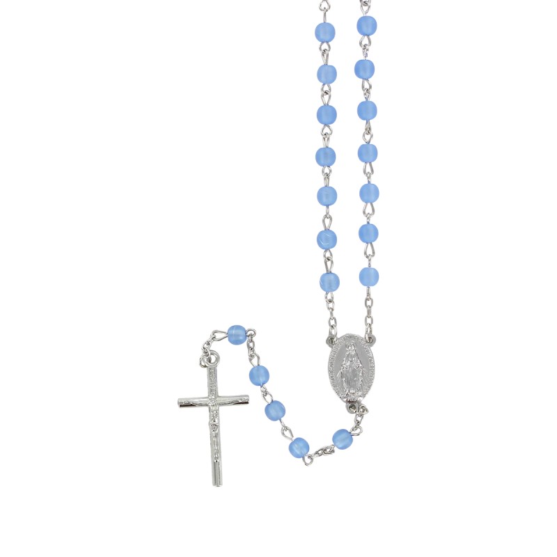 Chapelet grains opaques 6 mm, chaîne argentée, croix avec Christ, 33 cm au cœur, plusieurs couleurs.