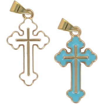 Croix de cou orthodoxe en metal couleur doree emaille H. 2,5 cm.