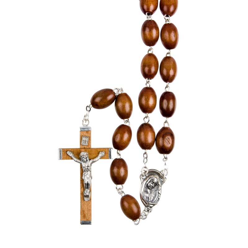 Chapelet en bois gros grains, Ø 10 mm, chaine couleur argentee,  longueur au cœur 54 cm, croix avec Christ.