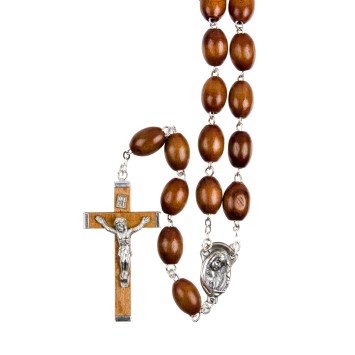 Chapelet en bois gros grains, Ø 10 mm, chaine couleur argentee,  longueur au cœur 54 cm, croix avec Christ.