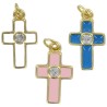 Croix de cou en metal couleur doree emaille avec centre zirconium H. 1,5 cm.