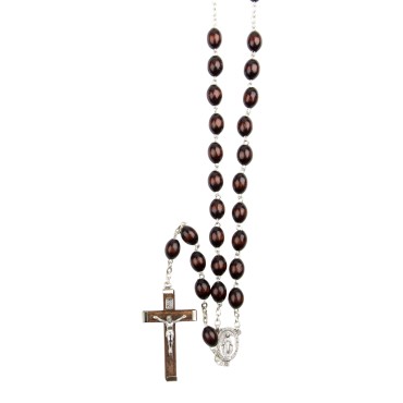 Chapelet grains en bois, Ø 8 mm, chaine couleur argentee, longueur au cœur 40 cm, croix avec Christ.