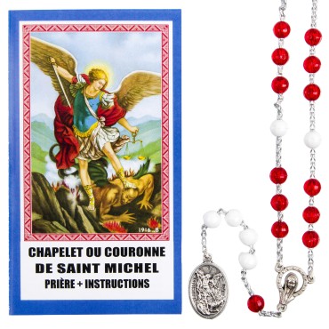 Chapelet de dévotion de saint Michel grains rouge et blanc avec notice explicative, livre en sachet individuel.