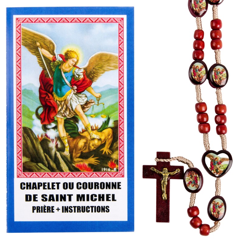 Chapelet de dévotion à saint Michel, grains en bois avec paters illustrés, notice explicative, sachet individuel.