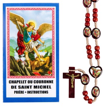 Chapelet de dévotion à saint Michel, grains en bois avec paters illustrés, notice explicative, sachet individuel.