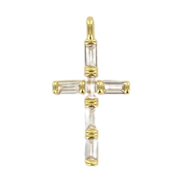 Croix de cou en metal couleur doree forme baton avec zirconium serti H. 2,3 cm.