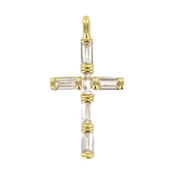 Croix de cou en metal couleur doree forme baton avec zirconium serti H. 2,3 cm.