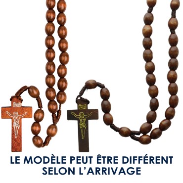 Chapelet sur corde, grains ovales en bois marron clair 10 mm, croix avec Christ imprimé, 30 cm au cœur.