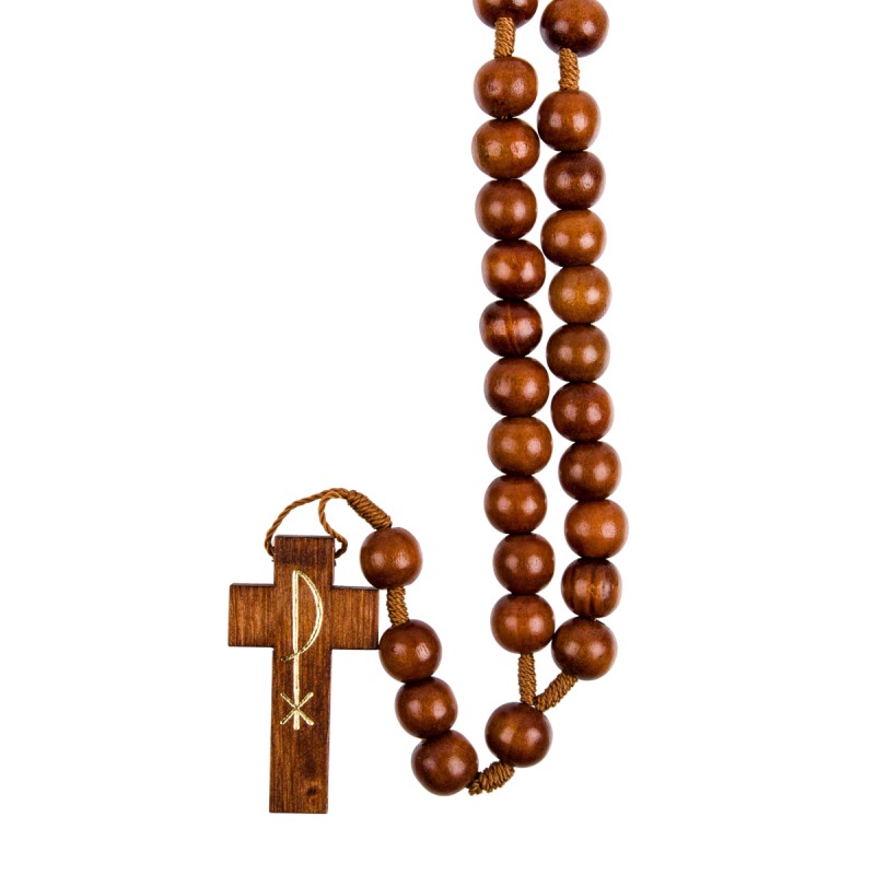 Chapelet sur corde avec fermoir grains en bois marron Ø 10 mm, longueur au cœur 29 cm, croix imprimee PAX.