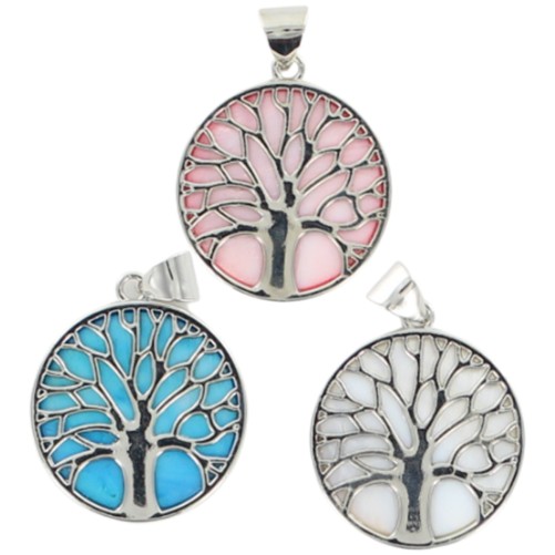 Pendentif arbre de vie en coquille d eau douce teintee Ø 3,2 cm.