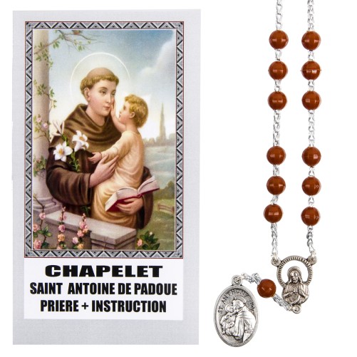 Chapelet de dévotion de saint Antoine grains en plastique avec notice explicative, livre en sachet individuel.