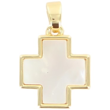 Croix de cou carree en nacre sur support metal couleur doree  H. 1,6 cm.