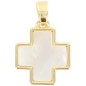 Croix de cou carree en nacre sur support metal couleur doree  H. 1,6 cm.