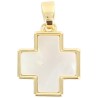 Croix de cou carree en nacre sur support metal couleur doree  H. 1,6 cm.