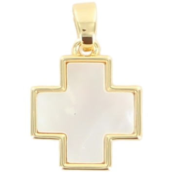 Croix de cou carree en nacre sur support metal couleur doree  H. 1,6 cm.